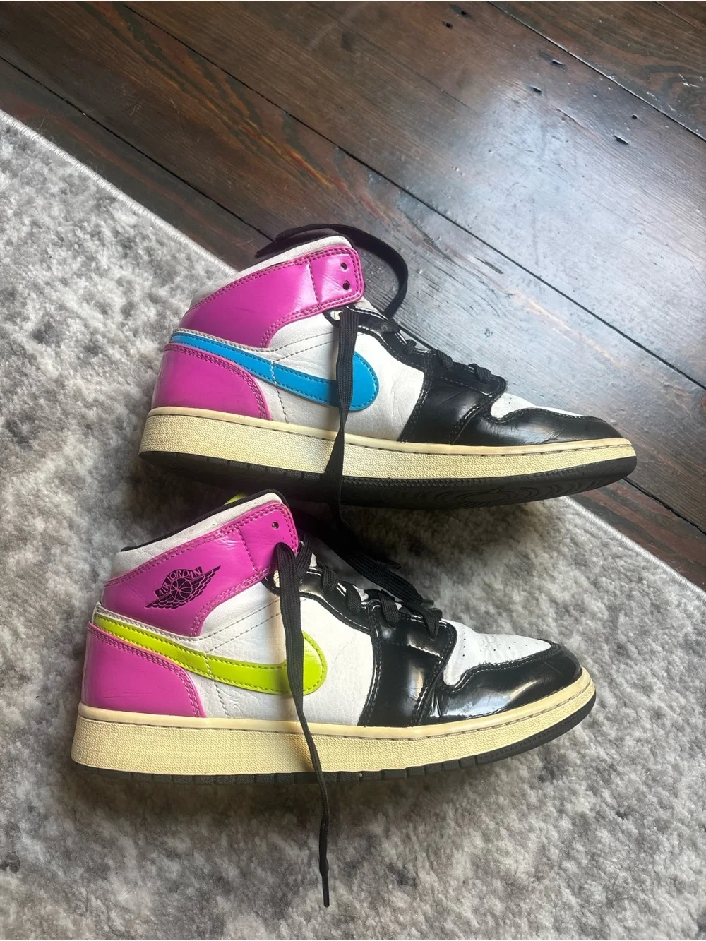 Jordan Women's High Top Sneakers in Pink, Blue, Lime, Black, White